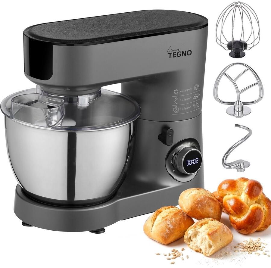 Linea Tegno Steel Mixer PRO-M7500 Professionele Keukenmixer voor deeg beslag slagroom en crèmes 1500W Krachtige Antracietgrijze keukenmachine Stand Mixer met 6.5L edelstalen mengkom. Krachtig stil en eenvoudig reinigen