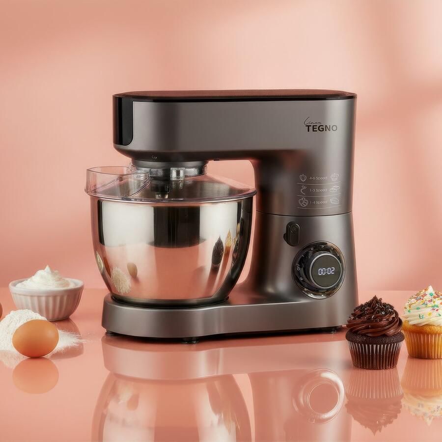 Linea Tegno Steel Mixer PRO-M7500 Professionele Keukenmixer voor deeg beslag slagroom en crèmes 1500W Krachtige Antracietgrijze keukenmachine Stand Mixer met 6.5L edelstalen mengkom. Krachtig stil en eenvoudig reinigen