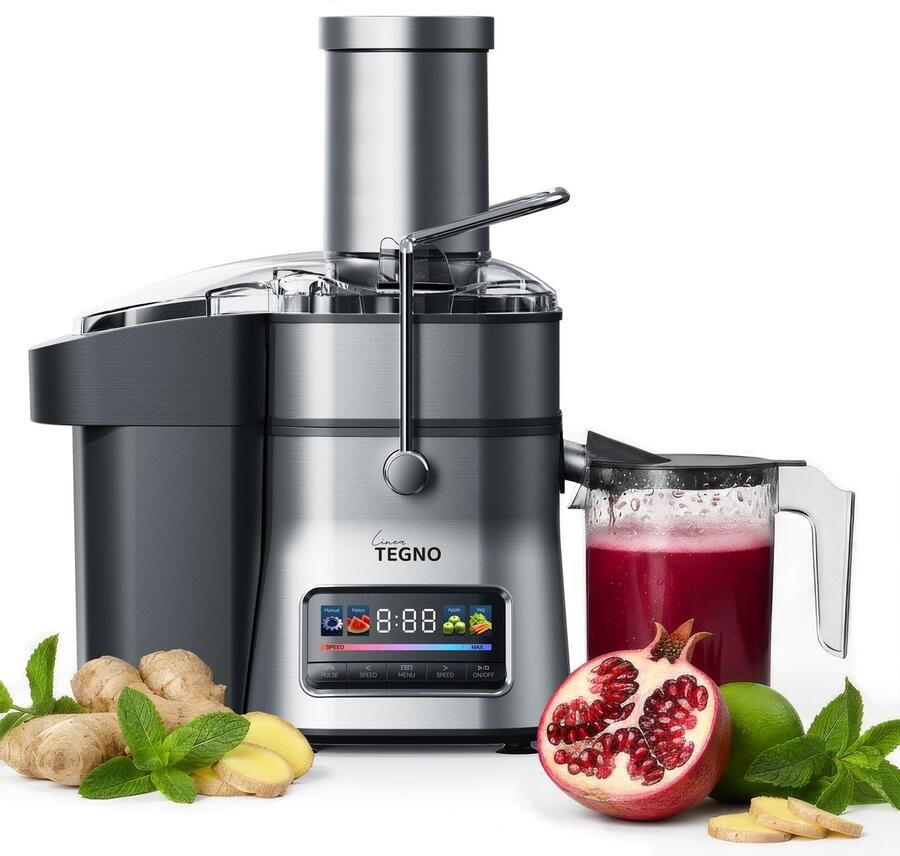 Linea Tegno Super Juicer PRO-JU8110 Professionele RVS juicer Sapcentrifuge voor Groenten & Fruit 1500W Extra grote vulopening 2.5L Pulpbak 1L Sapbeker LED-kleurendisplay met 6 programma s Krachtig stil en eenvoudig reinigen