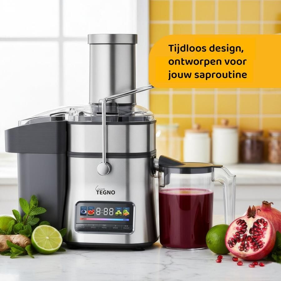 Linea Tegno Super Juicer PRO-JU8110 Professionele RVS juicer Sapcentrifuge voor Groenten & Fruit 1500W Extra grote vulopening 2.5L Pulpbak 1L Sapbeker LED-kleurendisplay met 6 programma s Krachtig stil en eenvoudig reinigen