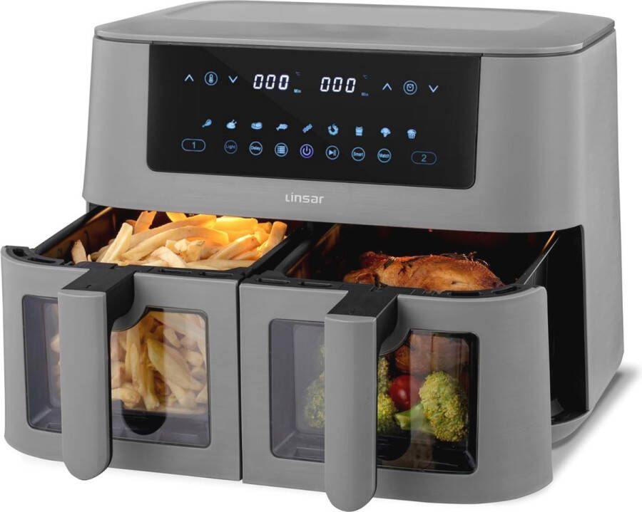 BOG Dual Zone Airfryer met Dubbele Kamer 8 Liter 2 Manden met Kijkvenster Touchscreen 9 Voorinstellingen Dual Cook & Synchronisatie Kant-en-Klaar Technologie 2570-3040 W