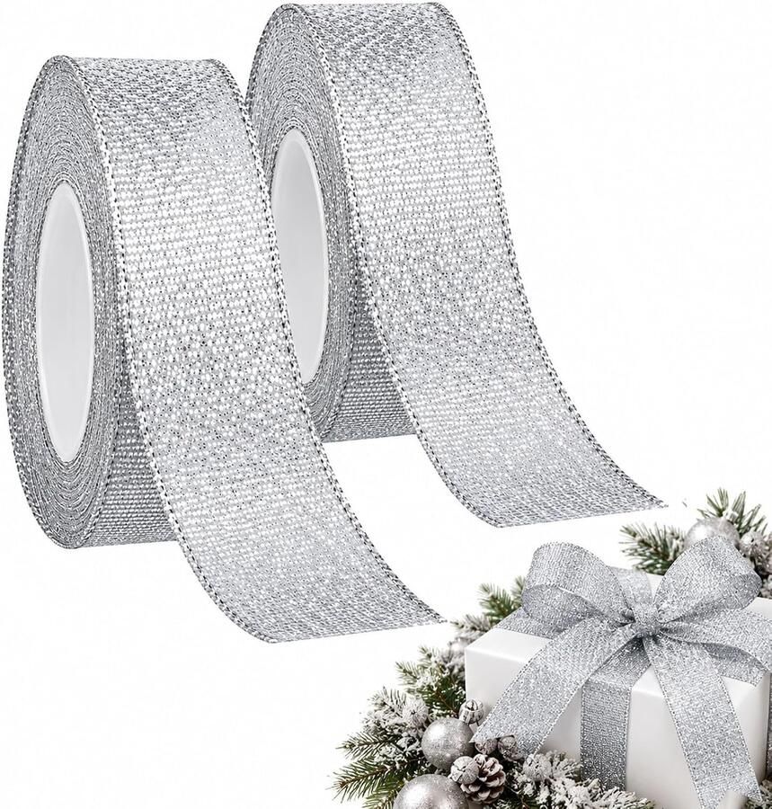 Lint 2-delig set 20 mm x 22 m zilver glitter transparant decoratielint voor cadeauverpakking strikken kerst bruiloft en knutselprojecten