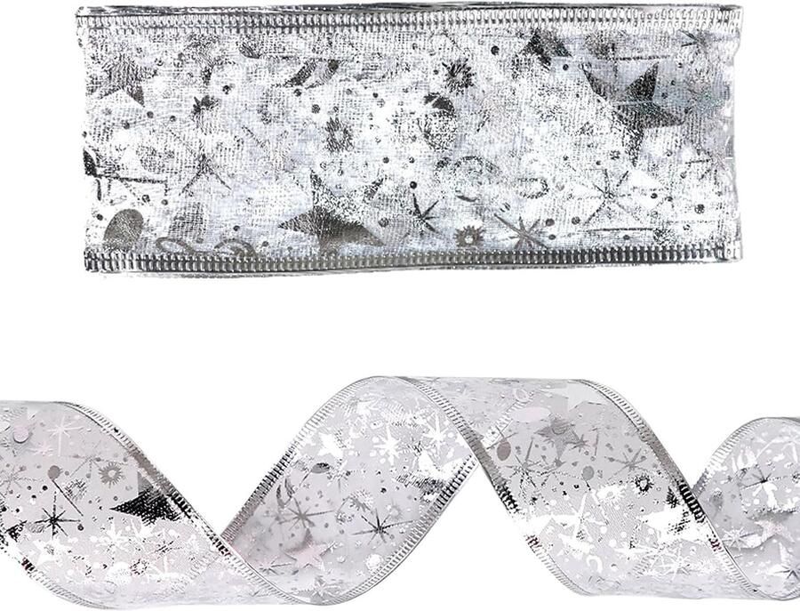 Lint met sneeuwvlokken zilver glitter organza 2.5 cm x 5 m