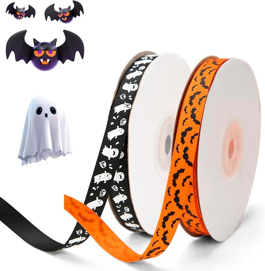 Lint met vleermuis en spookmotief 0 9 cm breed 50 meter per rol