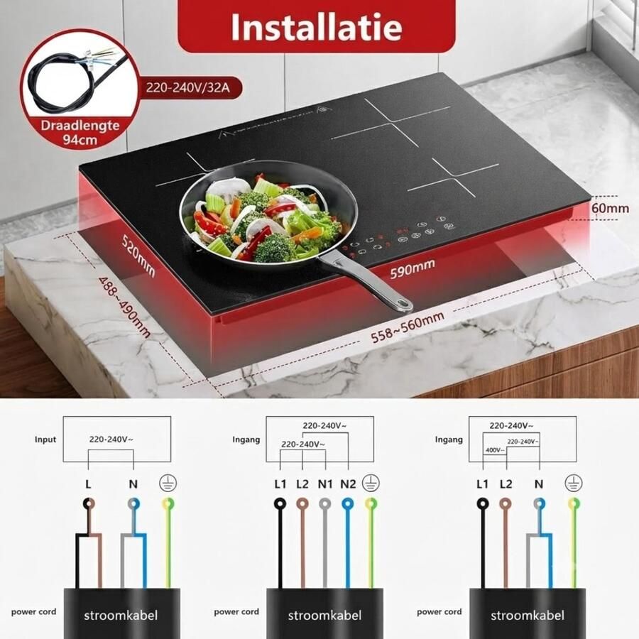 Lìon Inbouw Inductiekookplaat met Boosterfunctie Inductiekookplaat Zwart 52cm x 59cm x 6cm