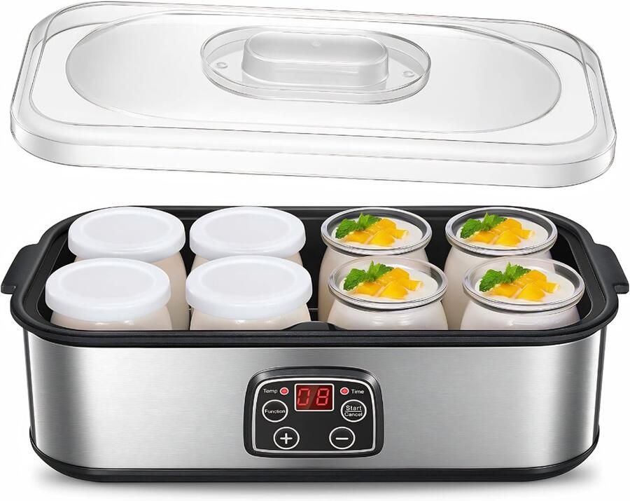 Lìon Yoghurtmaker 8 glazen deksels Suikervrije opties voor baby's kinderen en parfait Griekse yoghurtmachine Grijs 37cm x 18cm x 14cm