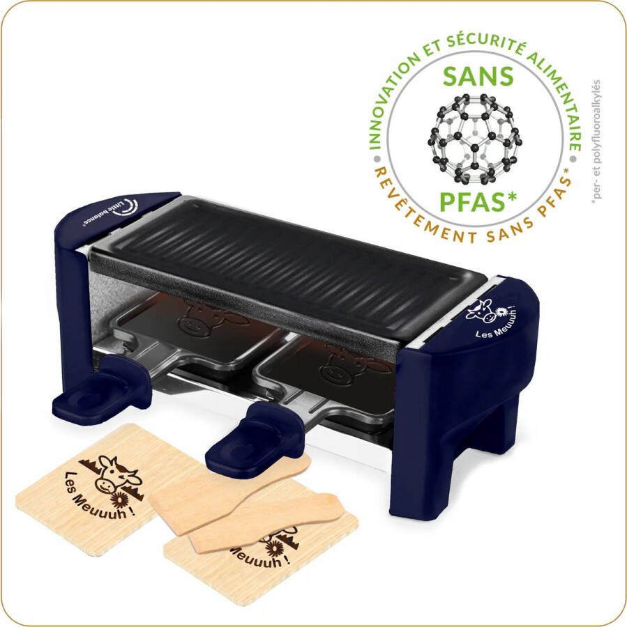 Little Balance 8616 Raclette & gourmetset voor 2 personen incl. 2 pannen 2 spatels en plankjes PFAS vrij 320 Watt donker blauw