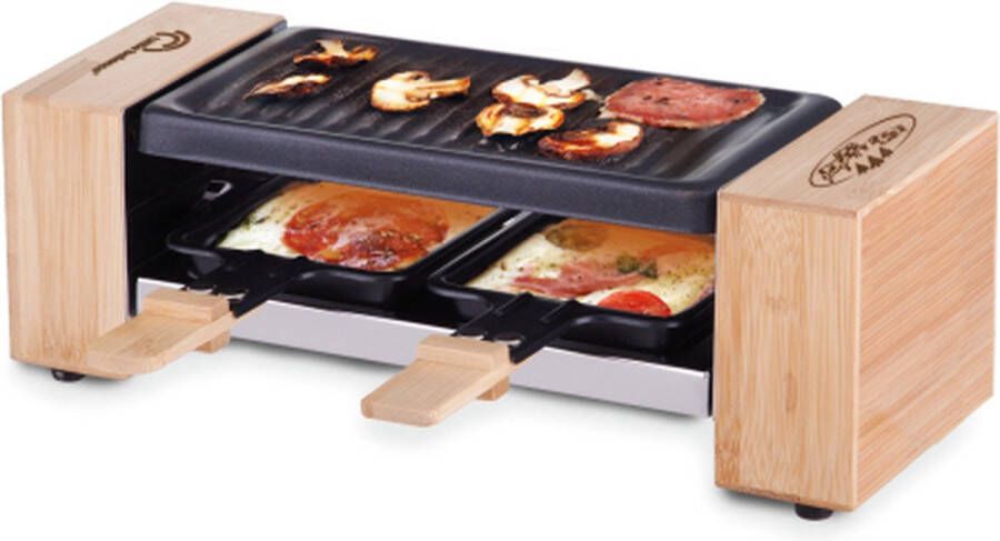 Little Balance 8618 Raclette & gourmetset voor 2 personen incl. 2 pannen 2 spatels en plankjes PFAS vrij 320 Watt bamboe