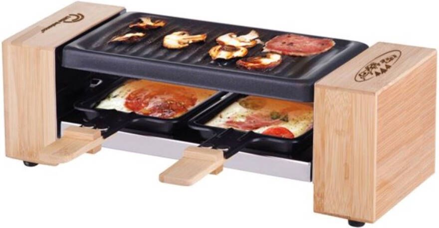 Little Balance 8618 Raclette & gourmetset voor 2 personen incl. 2 pannen 2 spatels en plankjes PFAS vrij 320 Watt bamboe
