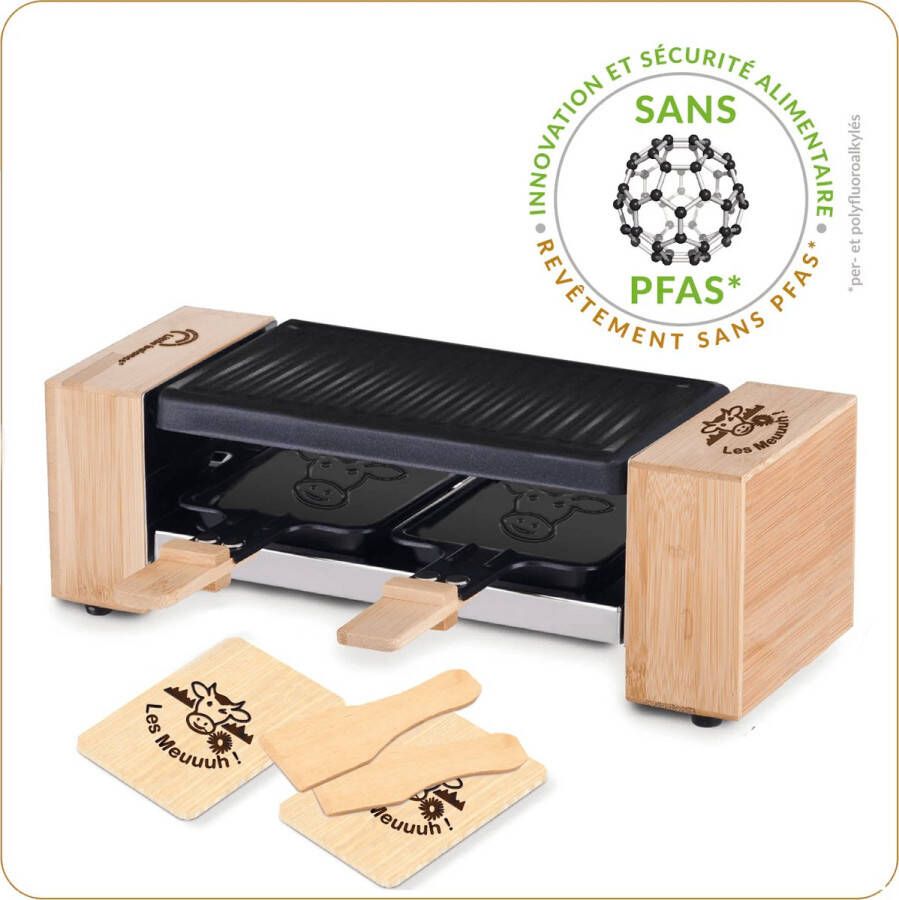 Little Balance 8618 Raclette & gourmetset voor 2 personen incl. 2 pannen 2 spatels en plankjes PFAS vrij 320 Watt bamboe