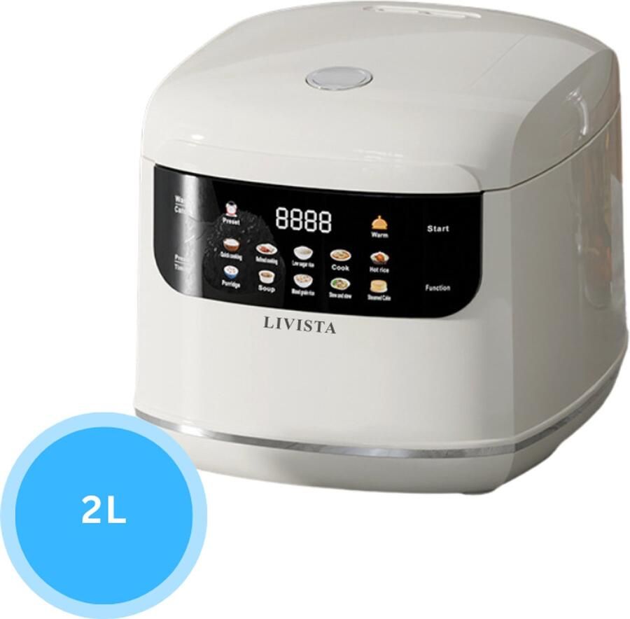 Livista Rijstkoker – 2L – Multicooker – Met Stoomfunctie Timer en Warmhoudfunctie – 10 Programma's – Titanium Binnenpan – Touchscreen – Wit