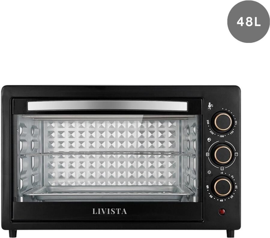 Livista Vrijstaande Oven – 48L – Dubbele Verwarming – 120–250 °C – RVS Binnenkant – Gehard Glas – Perfect voor Bakken Braden en Grillen - Foto 2