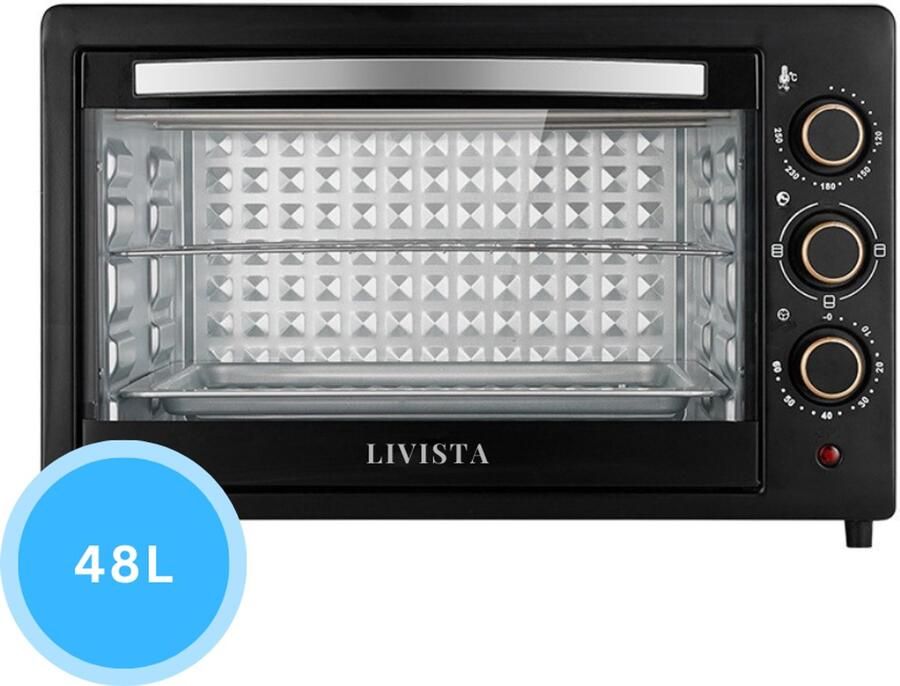 Livista Vrijstaande Oven – 48L – Dubbele Verwarming – 120–250 °C – RVS Binnenkant – Gehard Glas – Perfect voor Bakken Braden en Grillen