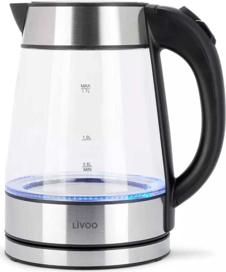 Livoo Glazen Waterkoker 1 7L – 2200W – RVS & Borosilicaatglas – Blauwe LED – Automatische Uitschakeling – 360° Draaibaar – Transparant
