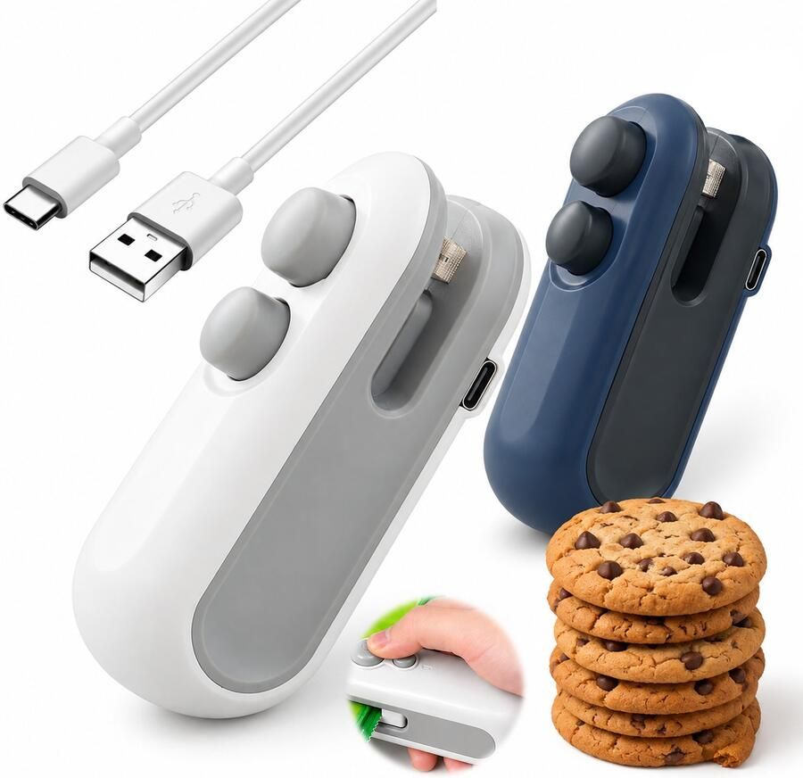 LIVTEK 2 stuks mini zakjesselaar 2-in-1 wit en donkerblauw USB oplaadbaar en draadloos voor voedsel bewaren keuken en onderweg