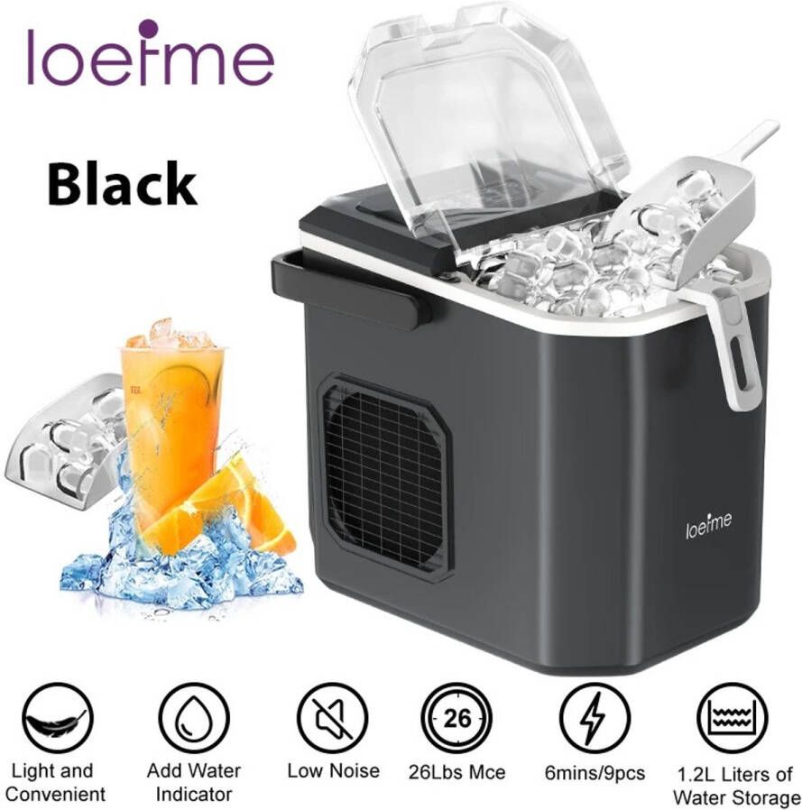 LOEFME LiveTastic Ijsblokjesmachine IJsblokjes Zelfmaken Voor thuis en onderweg Zelfreinigend IJscapaciteit: 12 kg 1 2 liter reservoir Met IJsschep Twee formaten blokjes Laag water signalering Kijkvenster