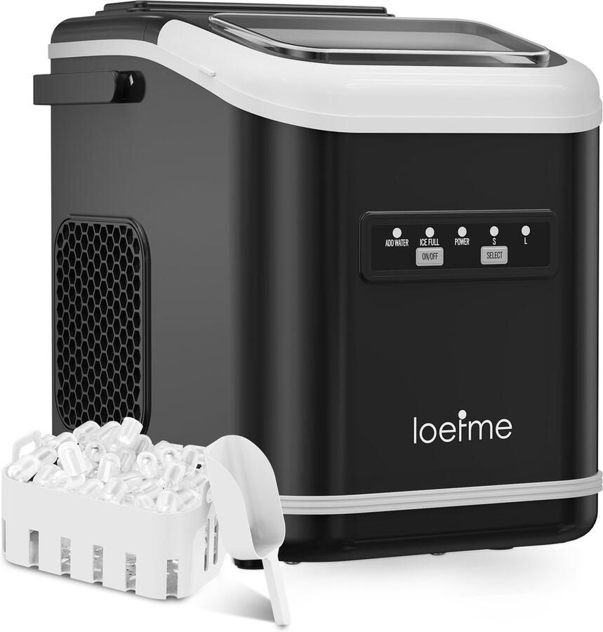 LOEFME IJsblokjesmachine 1 4L 12kg 24 uur Bulletijs IJsblokjesmaker IJsschep Ijsmand Draagbaar Zelfreinigingsfunctie Zwart