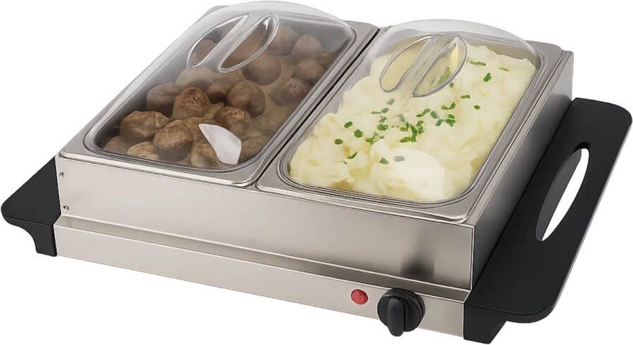 Lomera Buffetwarmer Elektrisch Warmhoudplaat Rvs Schalen Transparante Deksels Variabel Instelbare Temperatuur Geïsoleerde Handgrepen Oververhittingsbeveiliging Anti-Slip Voetjes Aan Uit Schakelaar