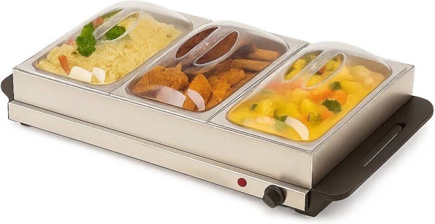 Lomera Elektrische Buffetwarmer Warmhoudplaat 300W Vermogen Rvs Bakken Transparant Deksel Traploos Instelbaar Oververhittingsbeveiliging Antislip Voetjes 3 Bakken Geïsoleerde Handgrepen