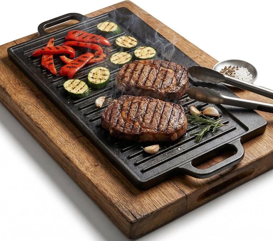 Lomera Grillplaat Gietijzer Dubbelzijdig Bakplaat BBQ Barbecue Grillpan Plancha Geribbeld en Glad Omkeerbare Braadplaat Gietijzeren Bakplaat Tepanyaki Voor Barbecue en Kampvuur Buitenkeuken BBQ Accessoire Zwart