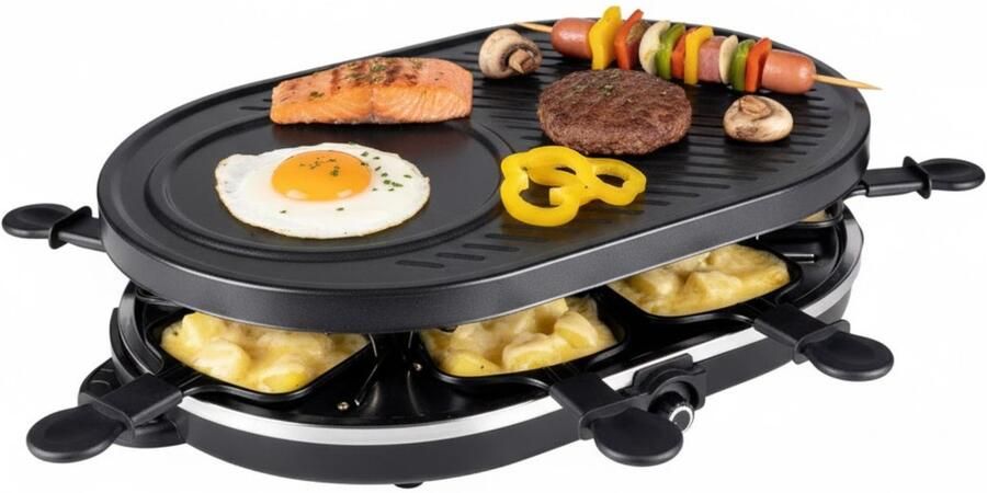 Lomera Raclette Grill Gourmetstel 8 Personen Bakplaat En Pannetjes Regelbare Thermostaat Anti-Aanbaklaag Verwijderbare Grillplaat Indicatielampje 1200W Vermogen Social Dining Eenvoudig Schoon Te Maken Inclusief Spatels