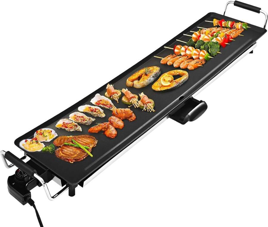 Lomera Teppanyaki Grillplaat Elektrische Bakplaat Social Dining Xl Grilloppervlak Instelbare Thermostaat 1800W Vermogen Gourmet Grillplaat Tafelgrill Gemakkelijk Te Reinigen Met Vet Lekbakje Handvatten Gourmet