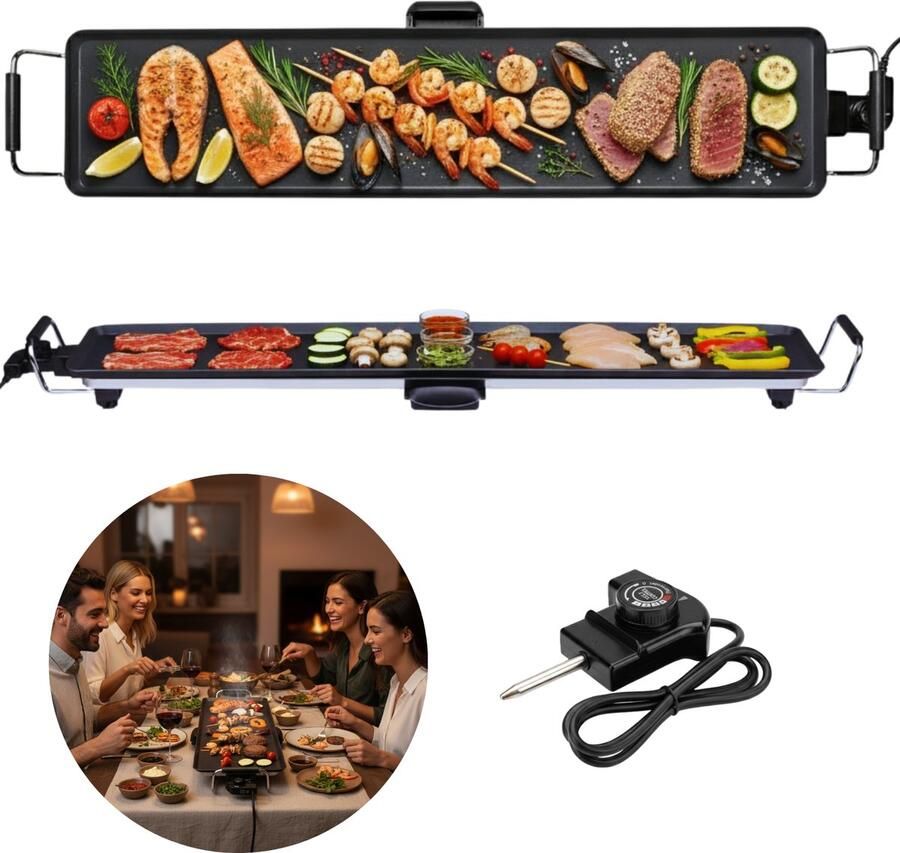 Lomera Teppanyaki Grillplaat Elektrische Grill XXLl Grilloppervlak Gourmet Instelbare Temperatuur Anti-Aanbaklaag Vetopvangbakje Tafelgrill Voor Vlees En Vis Voor Groenten En Eieren Teppanyaki Grill