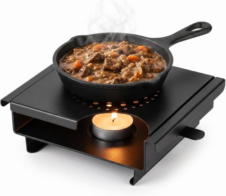 Lomera Warmhoudplaat Rechaud op Waxinelichtje Voedselverwarmer Schotelwarmer Bordverwarmer Non-Stick Coating Warmhouder Theelichthouder Tafelwarmer Handvaten Afneembaar Rooster Kaarsjes Zwart