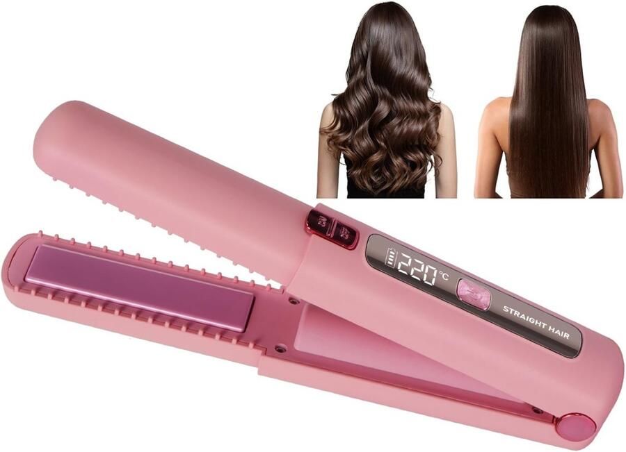 Longziming -2-in-1 Draadloze Stijltang Roze Haarstijler & Krultang Haarstyling Tool Snel Opwarmen Instelbare Temperatuur Keramiek & Toermalijn Pluisvrij & Glanzend Resultaat 1 Stuk