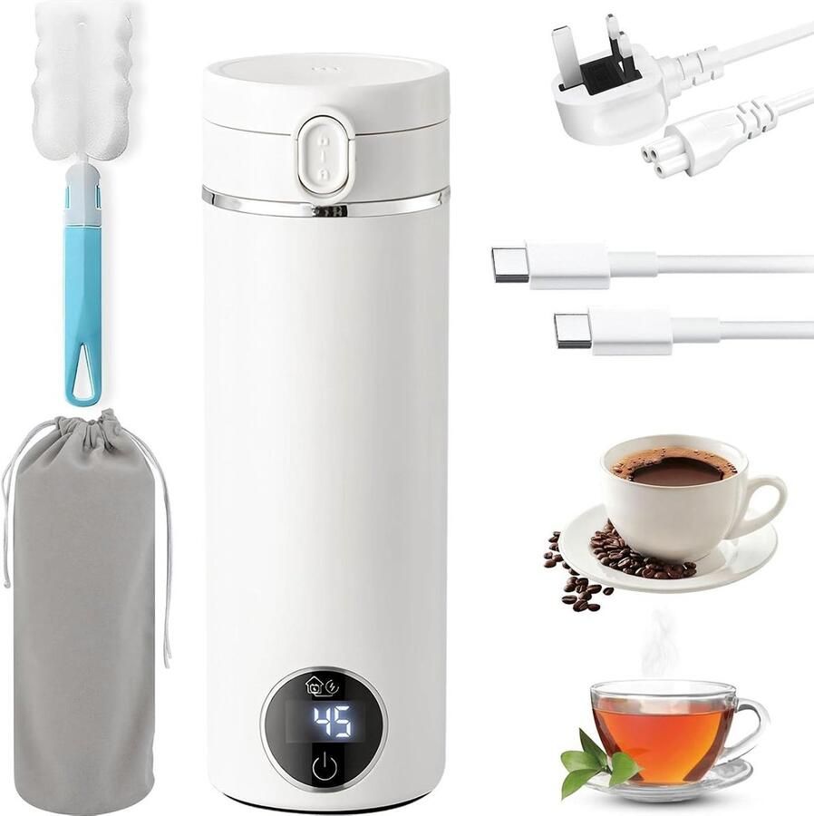 Longziming Draagbare Reiswaterkoker 500 ml Elektrische Waterkoker met USB-C 6 Instelbare Temperatuurstanden Dubbele Voedingsmodus Voor Thuis Kantoor en Reizen