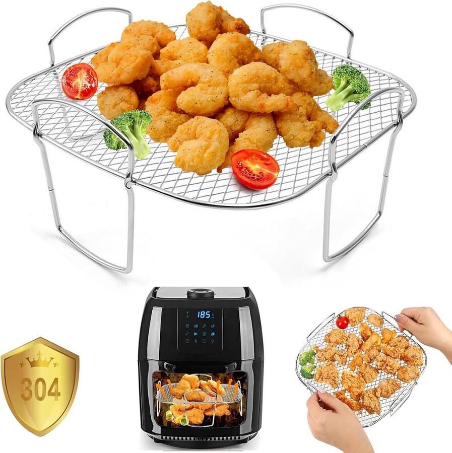 Longziming Grillrost Voor Air fryer Air fryer Grill Rek Vierkant Roestvrij Staal Rooster 304 Roestvrijstaal Vaatwasmachinebestendig En Duurzaam Uitbreiding Kookoppervlak Voor Meerdere Gerechten 1 Stuk
