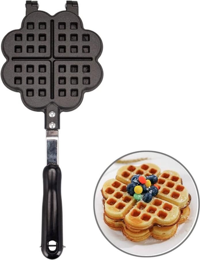 Longziming -Hartvormige Wafelpan Gietaluminium Bakpan Optimale Warmteverdeling Anti-aanbaklaag Levensmiddelenveilig Gietaluminium Compact Ontwerp Veilige Handgreep 4 Hartvormige Wafels 1 Stuk
