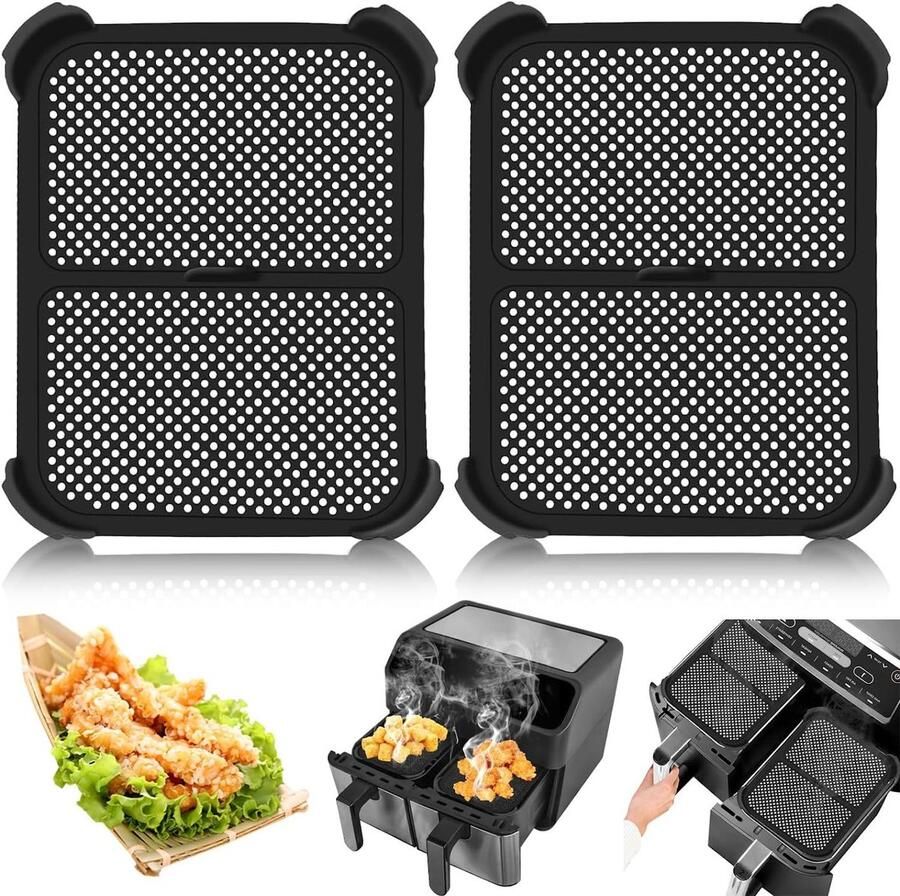 Longziming Siliconen air fryer Beschermplaat Hittebestendig Tot 240 °C Optimaliseert Luchtcirculatie En Voorkomt Spatten Roestvrij Staal Met Siliconen Coating Rutschvast En Slijtvast Ontwerp 2 Stuks