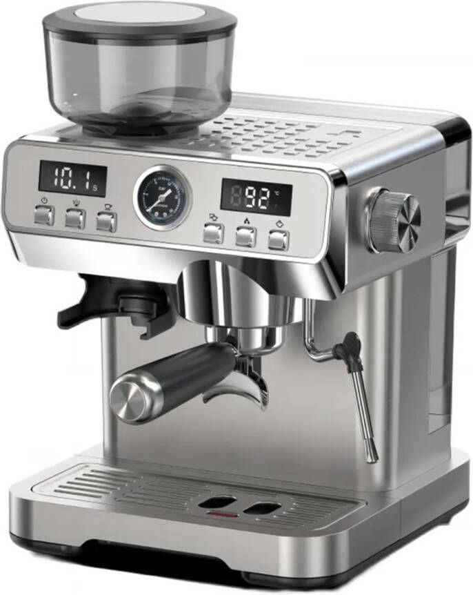 Lopoleis Barista Espressomachine – Pistonmachine met Koffiemolen – RVS Koffiemachine melkopschuimer – Bonenmaler – Brushed Stainless Steel