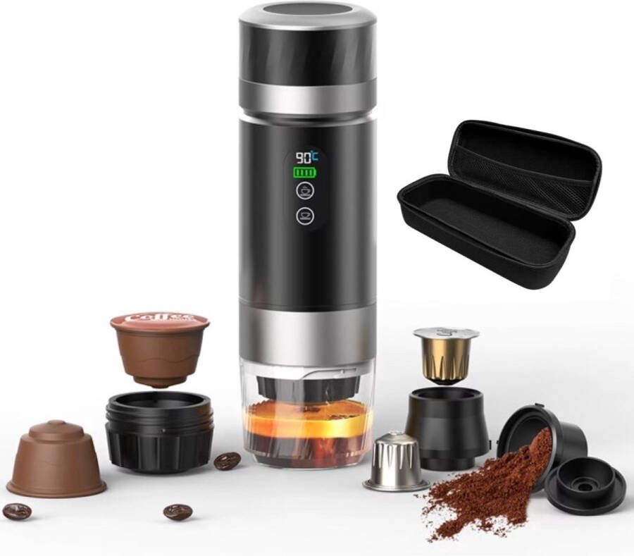 Lordani Draagbaar Koffieapparaat voor Onderweg Inclusief Tas Digitale Display 60ml 12 Volt Espresso Nespresso Dolce Gusto Capsule Koffie Gemalen Koffie Cups Oplaadbaar Draagbare Koffiemachine Zwart&Zilver