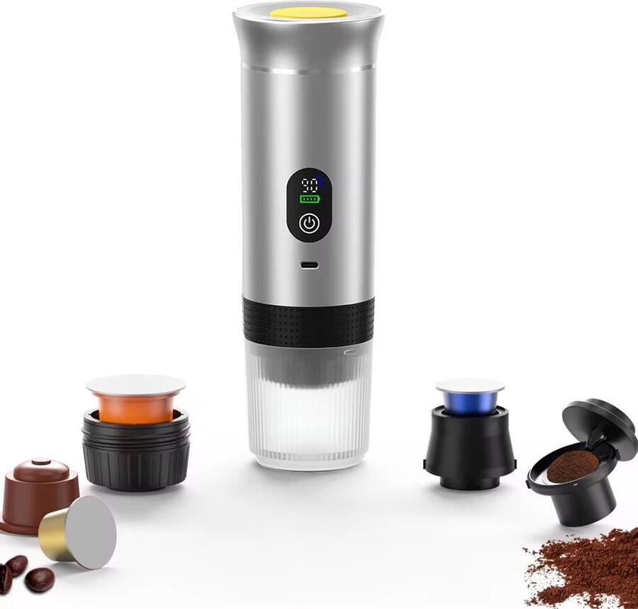 Lordani Draagbaar Koffieapparaat voor Onderweg Inclusief Tas 60ml 12 Volt Espresso Nespresso Dolce Gusto Capsule Koffie Gemalen Koffie Cups Oplaadbaar Draagbare Koffiemachine Grijs Digitaal