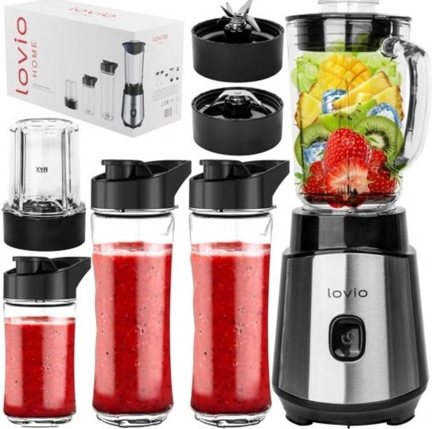 Lovio™ LOVIO Smoothie Blender met Glazen Kan – 500W Mini Blender – 3 BPA-vrije Tritan Drinkflessen – Koffiemolen & Notenmolen – RVS Messen - Foto 2