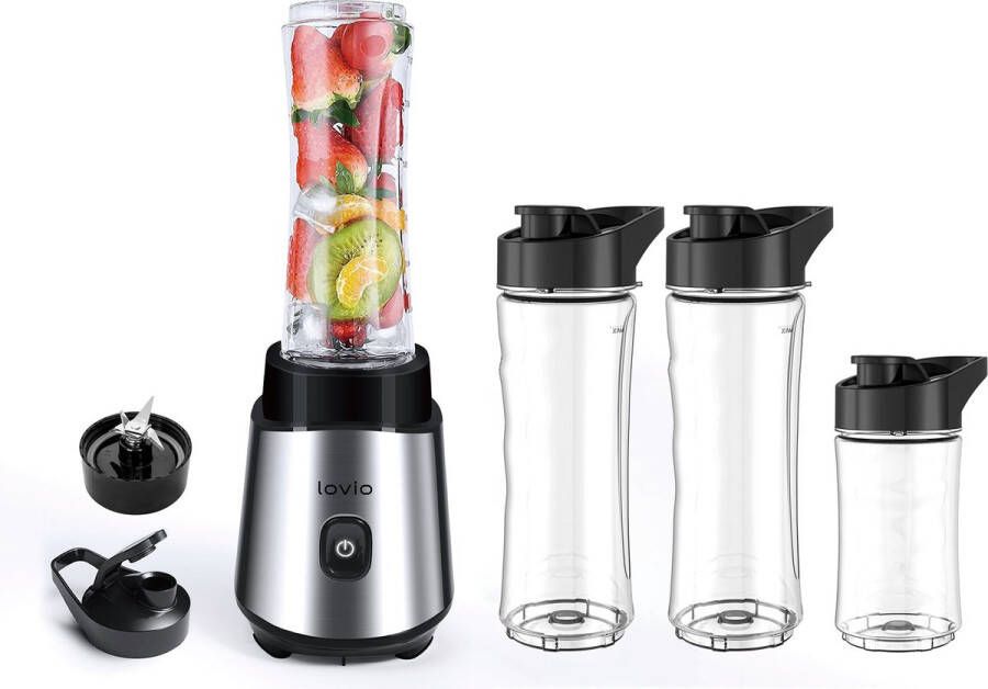 Lovio™ LOVIO Smoothie Blender met Glazen Kan – 500W Mini Blender – 3 BPA-vrije Tritan Drinkflessen – Koffiemolen & Notenmolen – RVS Messen