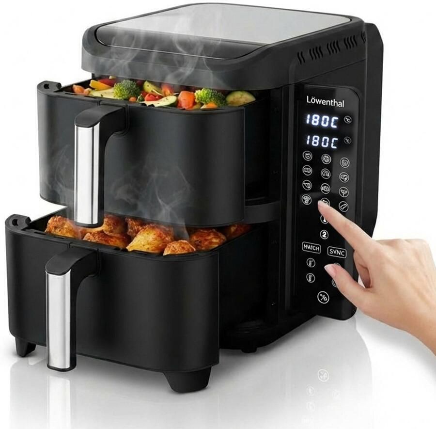 Löwenthal Dubbele Airfryer XXL 11L 12 Modes BPA & PFAS Vrij Dual Heteluchtfriteuse XL met Slimme Functies: Smart Finish & Match Cook 60–200°C Makkelijk in Onderhoud Vaatwasserbestendige Manden Antiaanbaklaag Tot 8 Personen Zwart
