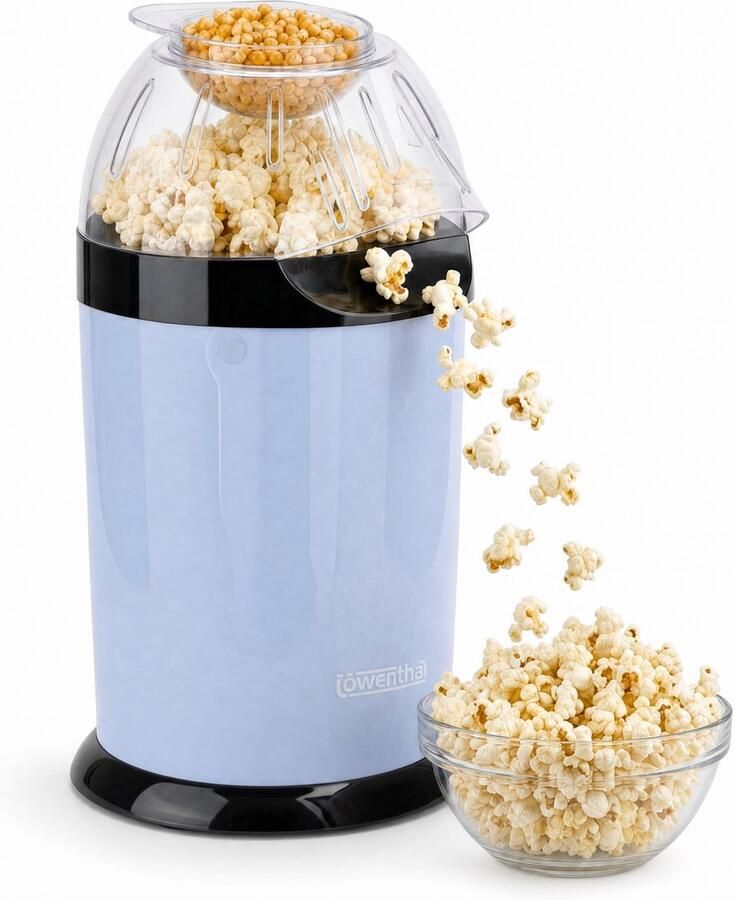 Löwenthal Popcorn Machine met Maatbeker Krachtige Mini Popcorn Machine Kinderen Hetelucht Popcornmaker met Antislipvoetjes Snelle Popcorn Apparaat voor Filmavond Popcornmakers Kleine Popcorn Popper Kids Air Popcorn Machine Retro Blauw- Silvergear