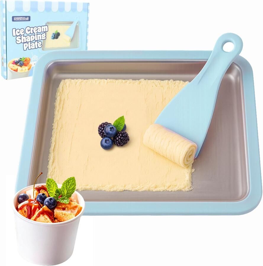 Löwenthal Rolled Ice Cream Maker Zelf IJs Maken Incl. 2 Spatels en Receptenboekje Zonder stroom Koelt tot -18°C Teppanyaki IJsmaker IJsmachine IJsrolplaat Blauw
