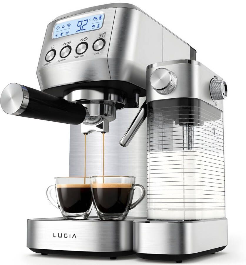 Lugia Espressomachine 20 Bar Koffiemachine met Automatische Melkopschuimer Pistonmachine Led display 20 bar Ccappuccino latte en macchiato RVS