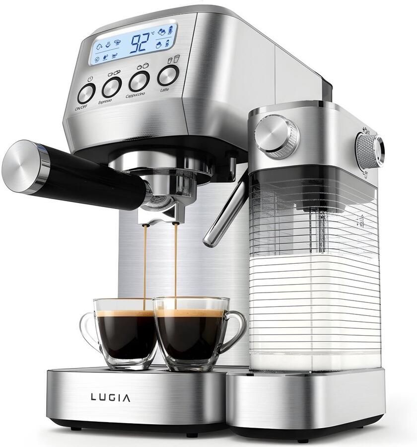 Lugia Espressomachine 20 Bar Koffiemachine met Automatische Melkopschuimer Pistonmachine Led display 20 bar Ccappuccino latte en macchiato RVS