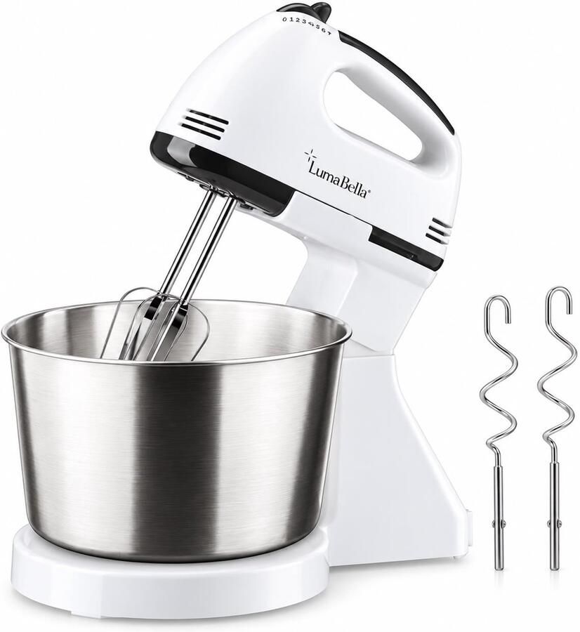 LumaBella B-2012 Handmixer met Mengkom en Standaard – 2 Liter RVS Mengkom – 250W – 7 Snelheden + Turbofunctie – Inclusief 2 Gardes en 2 Deeghaken – Wit