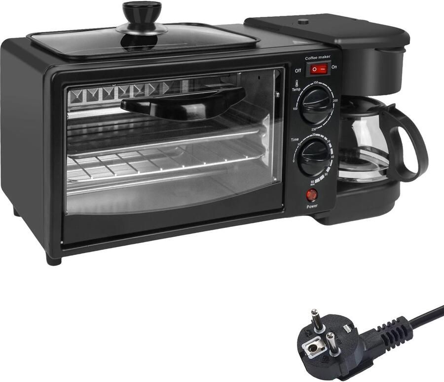 LUMÉ STORE Mini Oven 3-in-1 Magnetron Koekenpan Koffiezetapparaat Broodrooster 9L 600ml Timer 220V Zwart