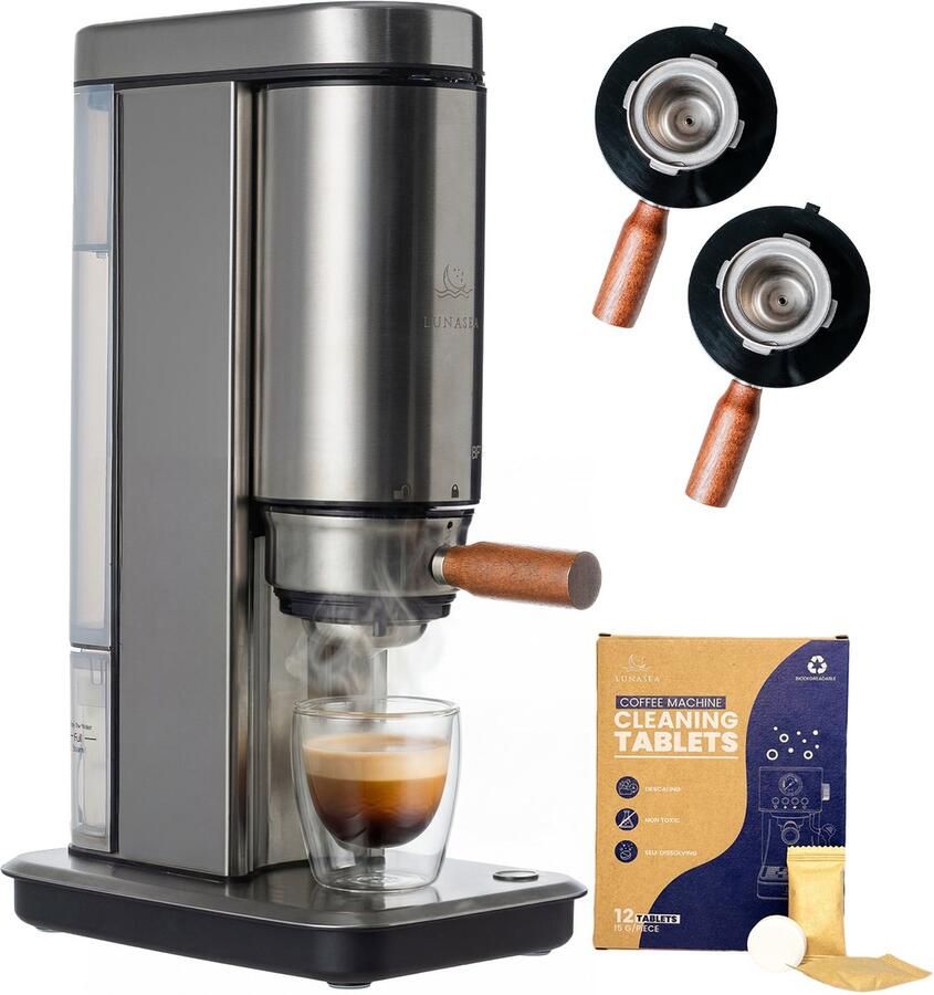 LunaSea LunaPress Espressomachine Boiler Pressure Technology Pistonmachine RVS Geschikt Voor Koffiecups Inclusief Ontkalkingstabletten