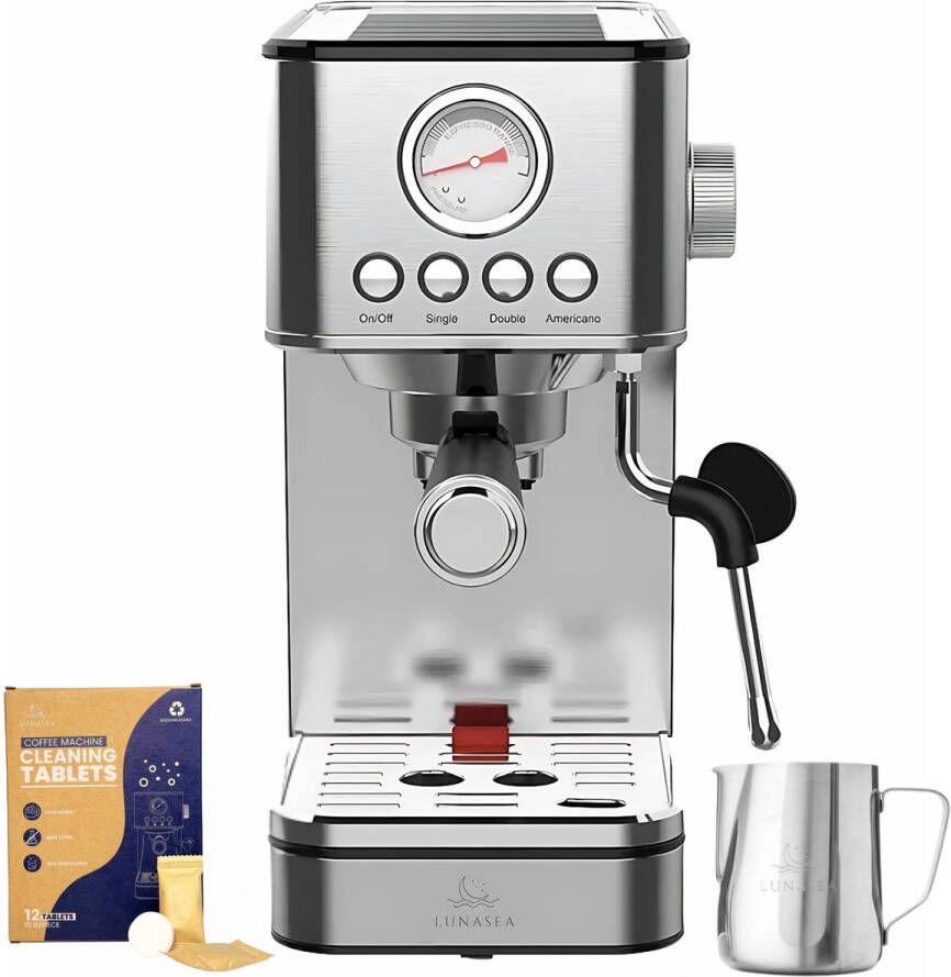 LunaSea 's RVS Pistonmachine Espressomachine Koffiezetapparaat Koffiemachine 20 Bar 1.8L Waterreservoir Kopjesverwarmer Inclusief Melkopschuimkan en Ontkalkingstabletten