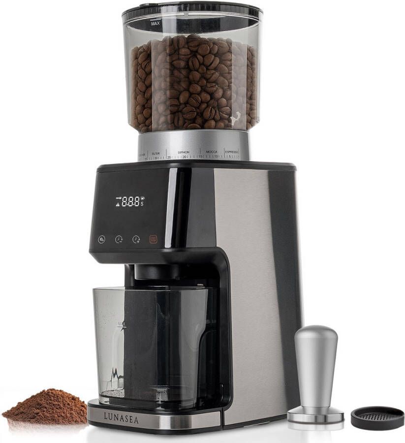 LunaVida LunaSea Grinder Deluxe Koffie Grinder Coffee Grinder Koffiemolen Electrisch Koffiebonen Maler Bonenmaler 51 Maalstanden Touch Display RVS Conische Maler 53 mm of 58 mm Inclusief Tamper en Tampermat