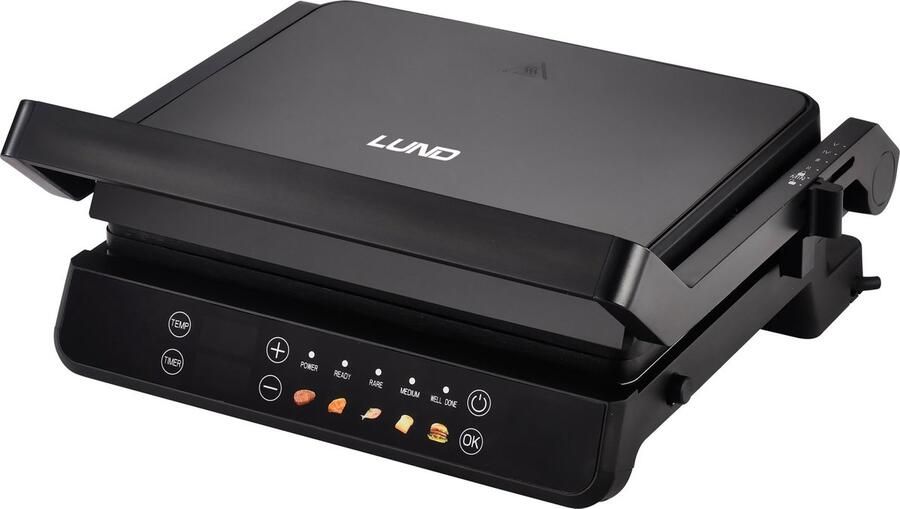 Lund 67440 Elektrische Contactgrill 2000W Met 5 Automatische Programmas & LED Display 180 Graden Uitklapbaar tot Tafelgrill PFOA-Vrije Antiaanbaklaag Uitneembare Platen