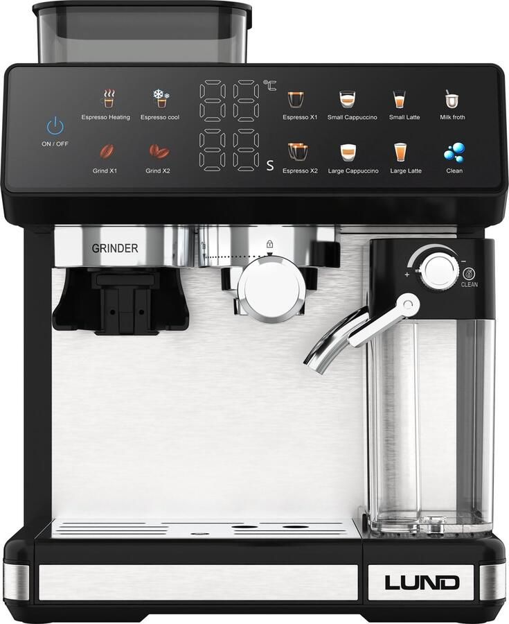 Lund 68501 Premium Pistonmachine met Ingebouwde Bonenmaler – Espressomachine met Automatische Melkopschuimer – 20 Bar – 11 Programma's – Kleuren Touchscreen – RVS